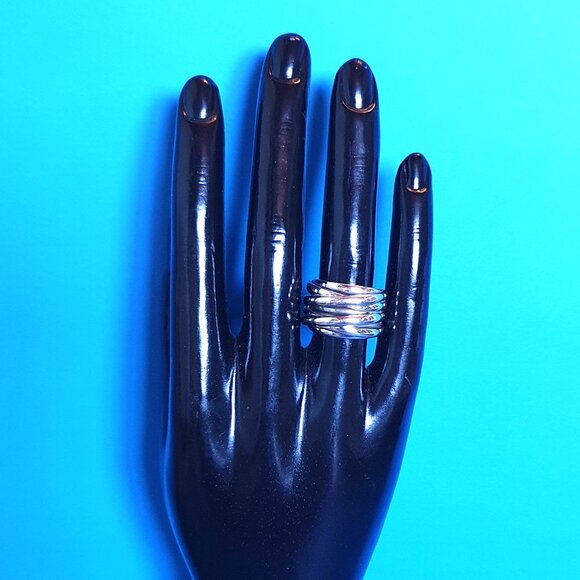 Chunky Vintage Sterling Silver Multi-Banded Interlocking Modernist Ring - Picture 15 of 15